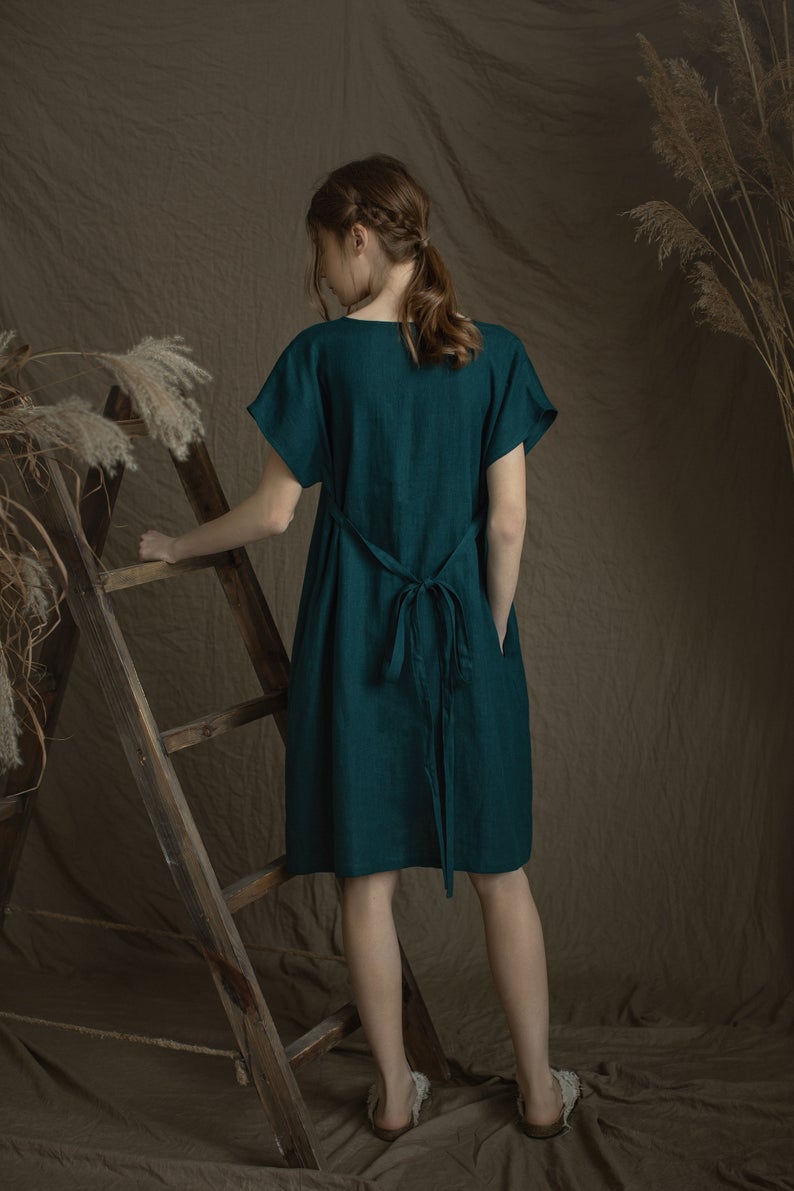 work linen dress Modern Linen Dress With Belt Mid Length Classic Fit Work Elegant Outfit Vegan Fabric Lightweight Spring Autumn Style