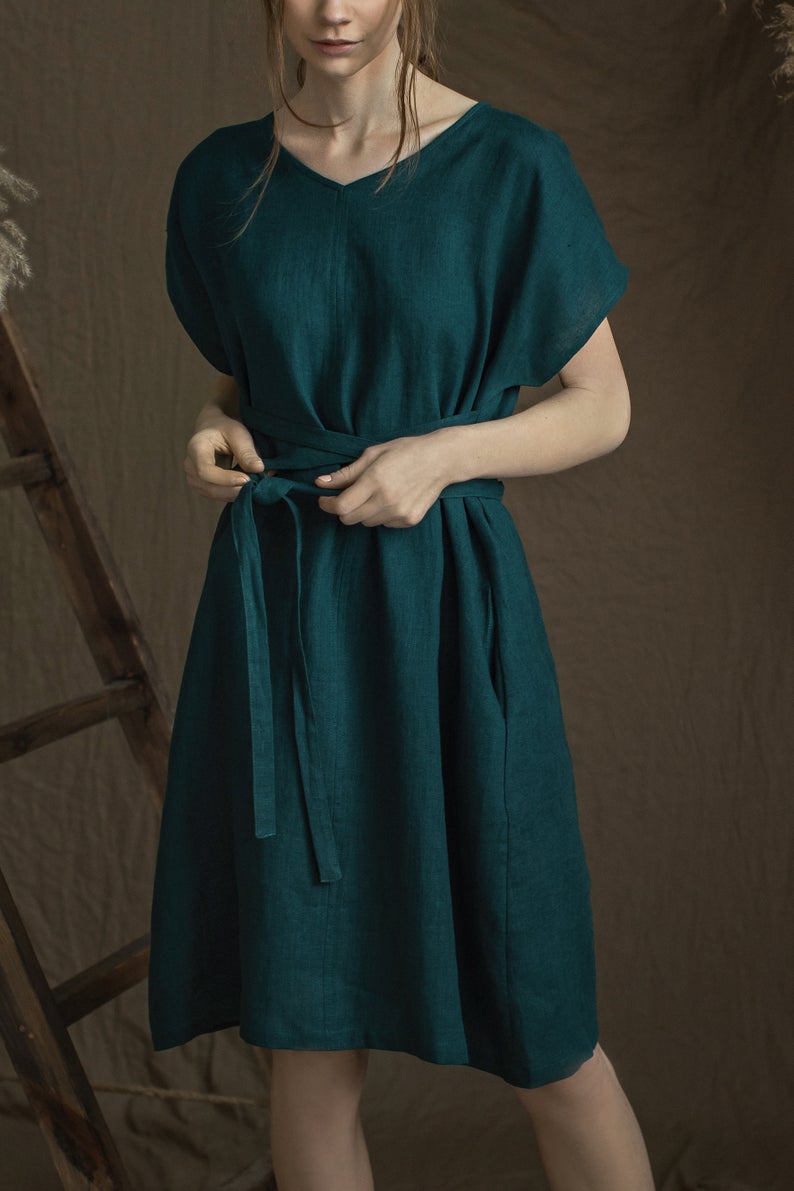 work dress linen 1940s inspired linen dress WORK, retro v-neck buttoned long dress, shirt dress
