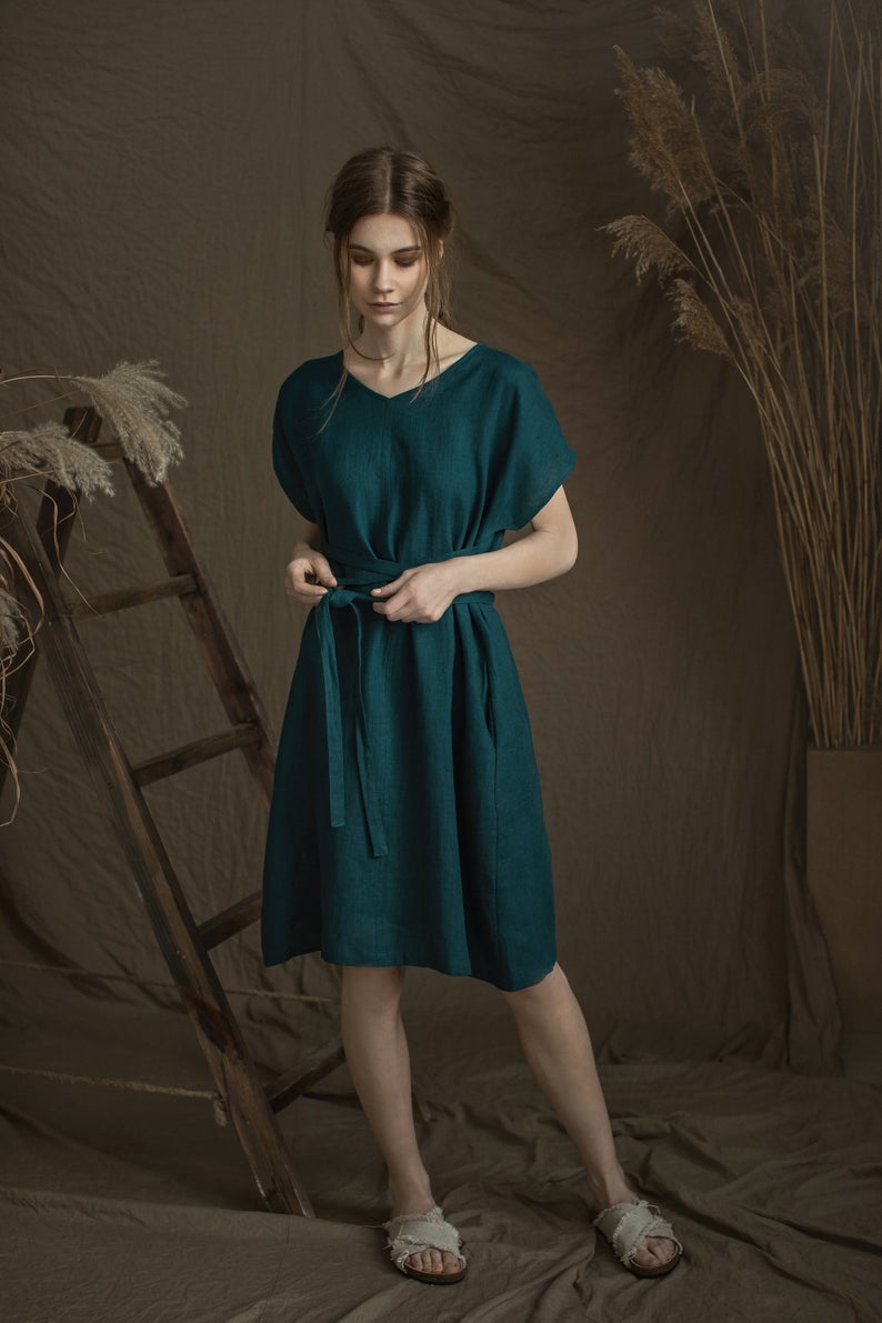 linen dress for work Semi-formal Gray Linen midi dress, Spring Linen swing dress with pockets, Fit and flare dress, Womens Custom work dress, Xiaolizi 4914