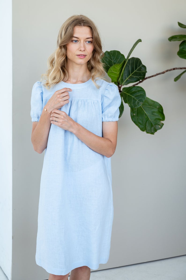 Linen Dress Virga with Puffed Sleeves