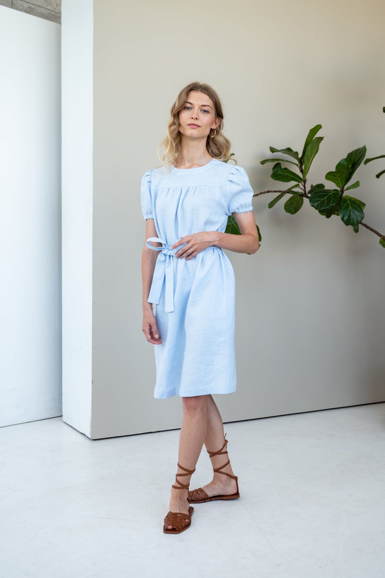 Linen Dress Virga with Puffed Sleeves