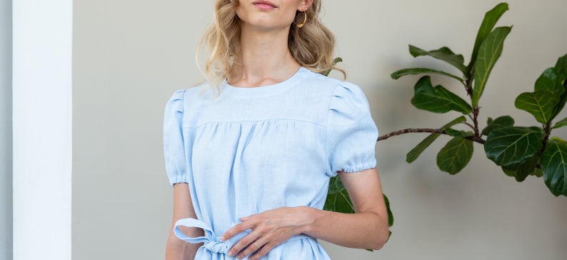 Linen Dress Virga with Puffed Sleeves