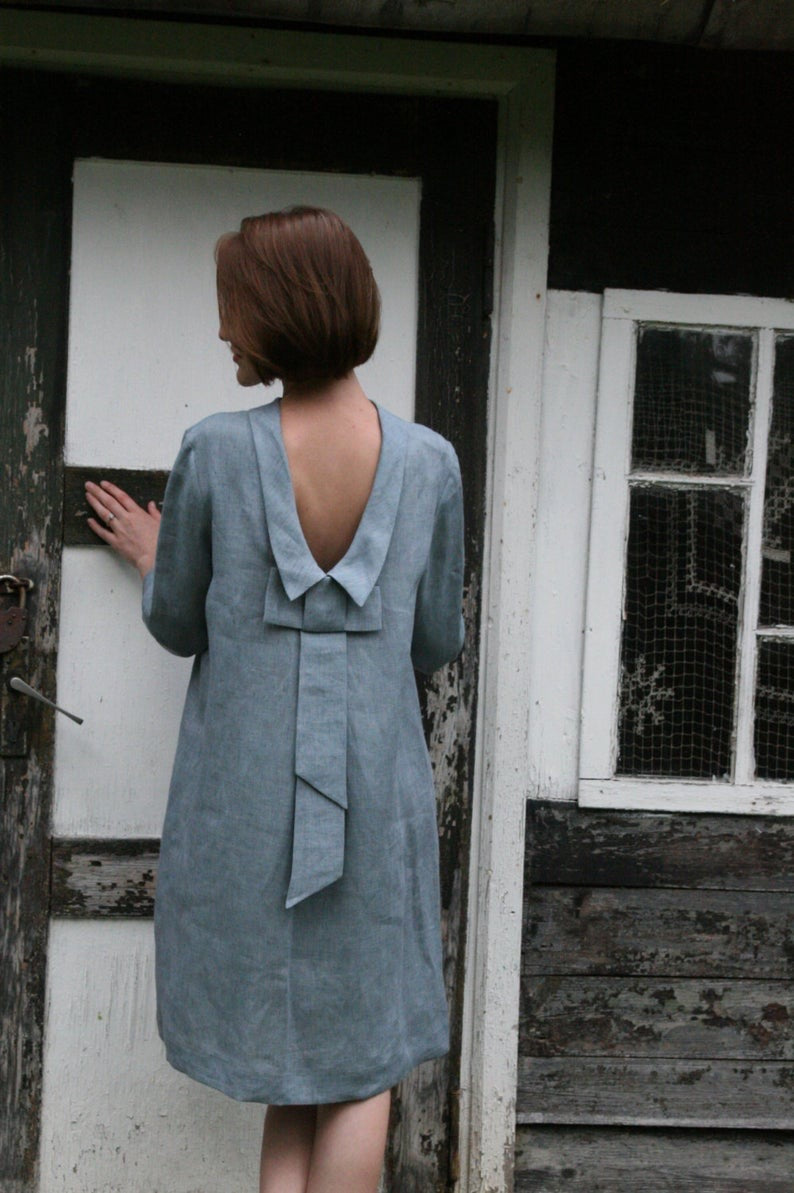 Linen Dress ALLEGRA With Open Back and Big Bow