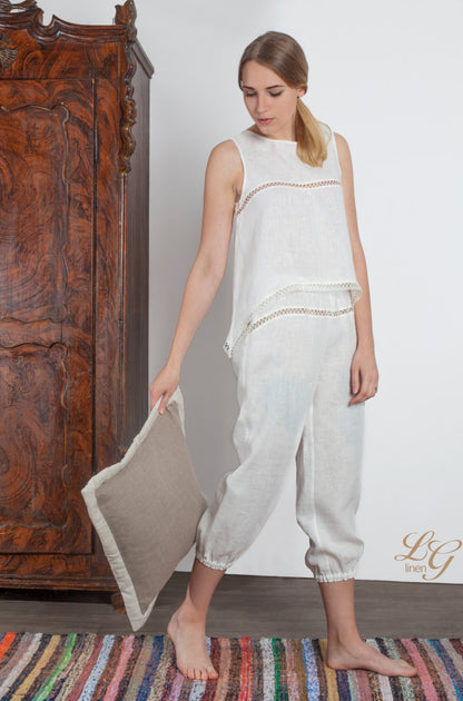 Linen Cropped Pajama Top CATHERINE with Longer Side Corners