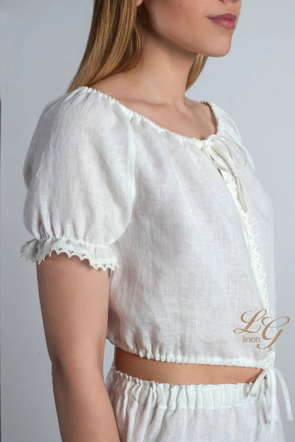 Linen Cropped Pajama Top ANASTASIA LACED