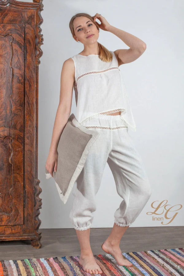 Linen Cropped Pajama Top CATHERINE with Longer Side Corners