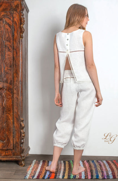 Linen Cropped Pajama Top CATHERINE with Longer Side Corners