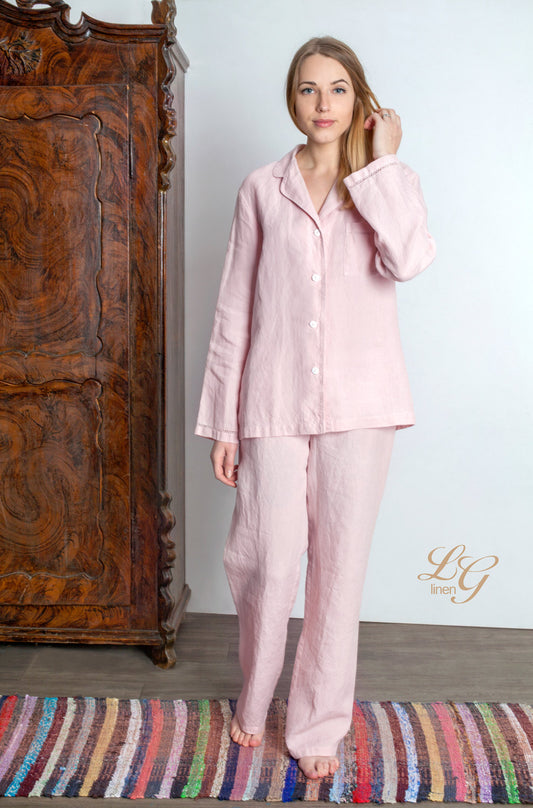 Luxury Linen Pajama Set For Women With Handmade Drawnwork