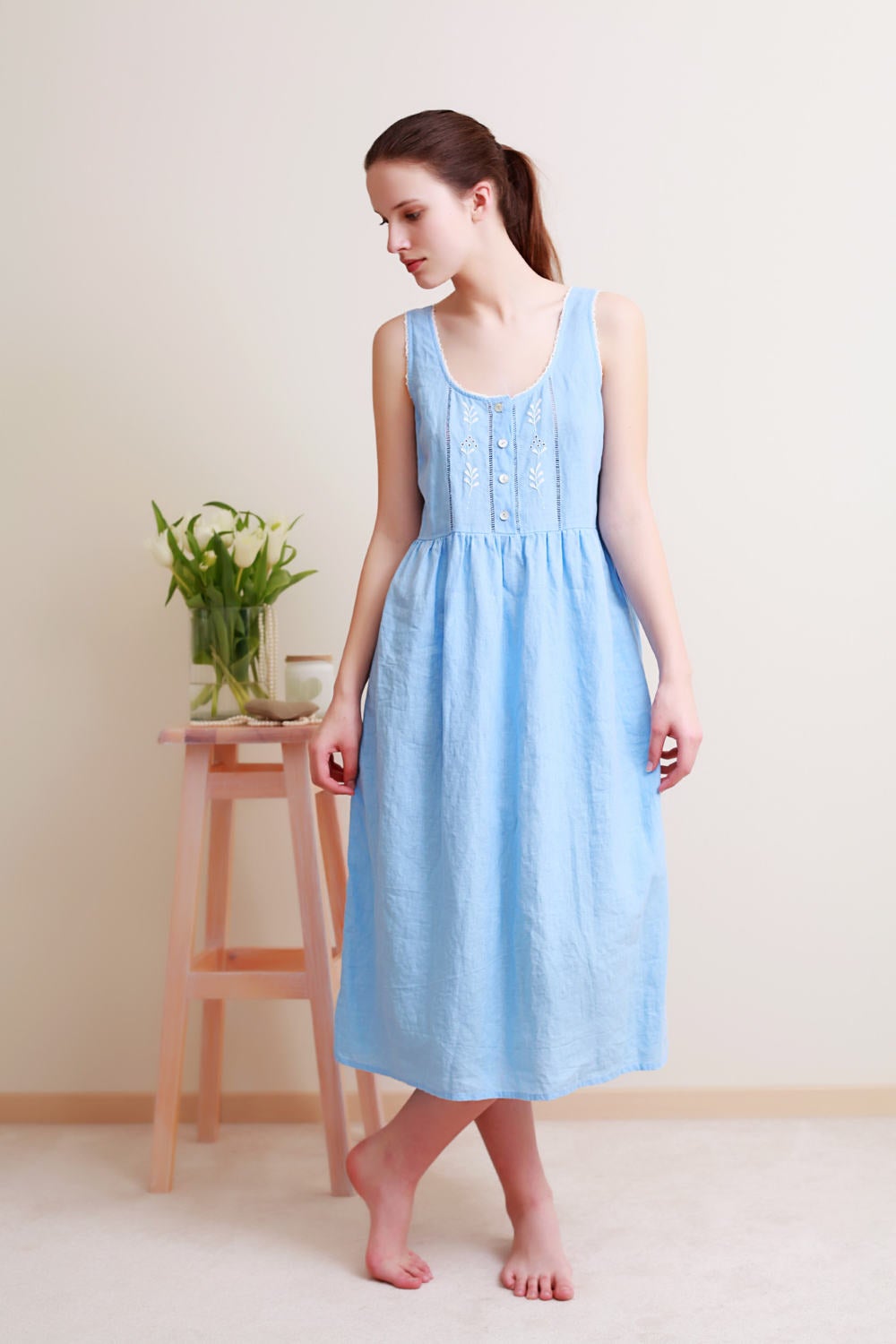 Linen Night Dress RUTA with Drawnwork and Amazing Handmade Embroidery