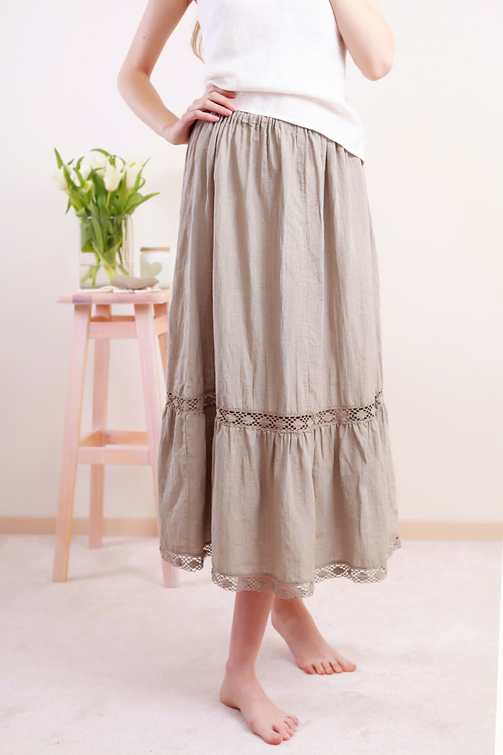 Linen Long Skirt SANDRA with Bottom Frill and Lace