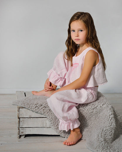 Linen Luxurious Pajama Set Butterfly For Girl/ Girl's Pajama with Handmade Embroidery