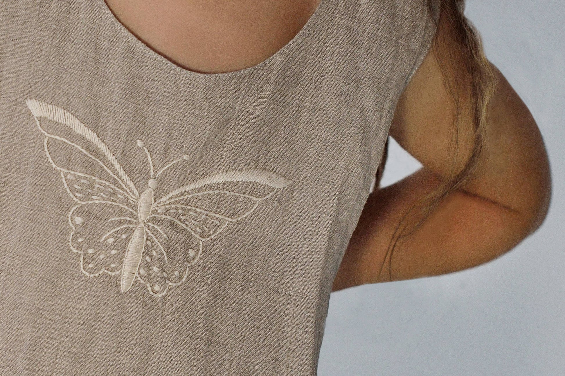 Linen Natural Dress Butterfly For Girl/ Luxurious Night Dress with Handmade Embroidery