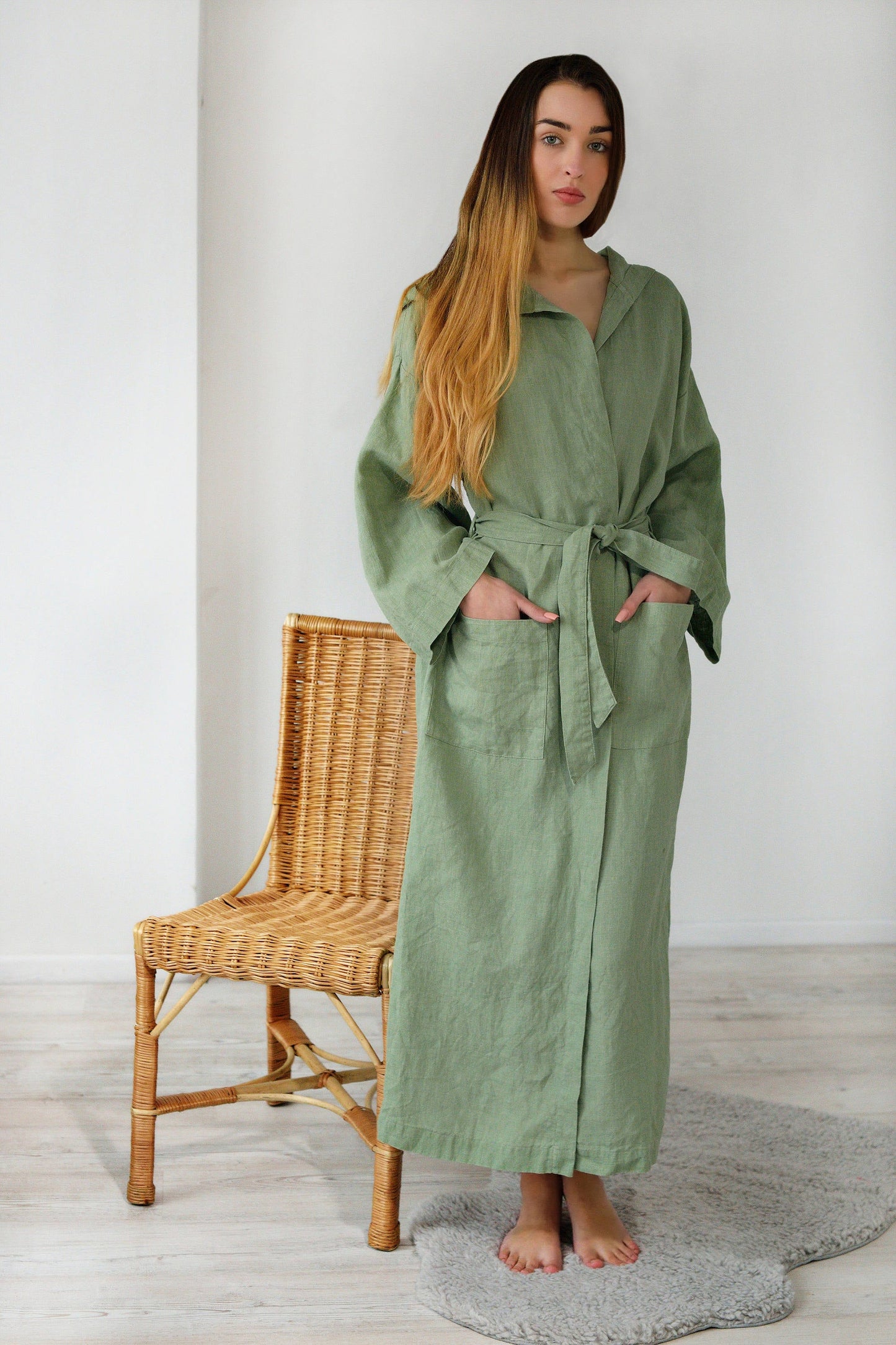 Linen Long Bath Robe MILDA Hooded