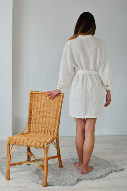 Linen Short Bath Robe ANGELE with Luxurious Lace on Sleeves