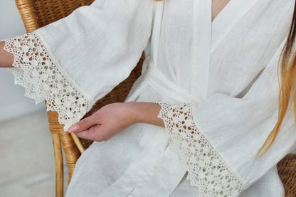Linen Short Bath Robe ANGELE with Luxurious Lace on Sleeves