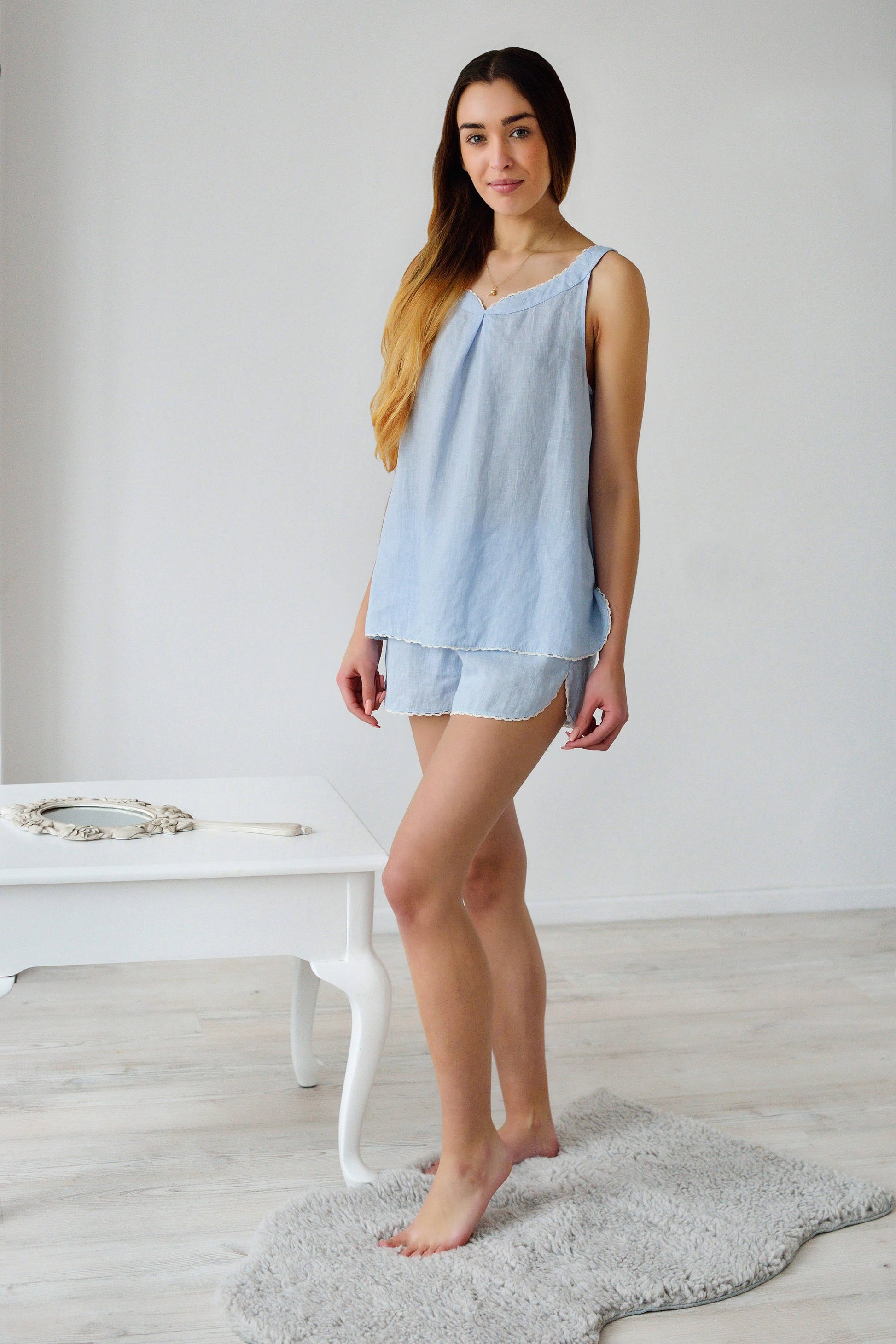 Linen Pajama Set ROSIE LACED With Shorts