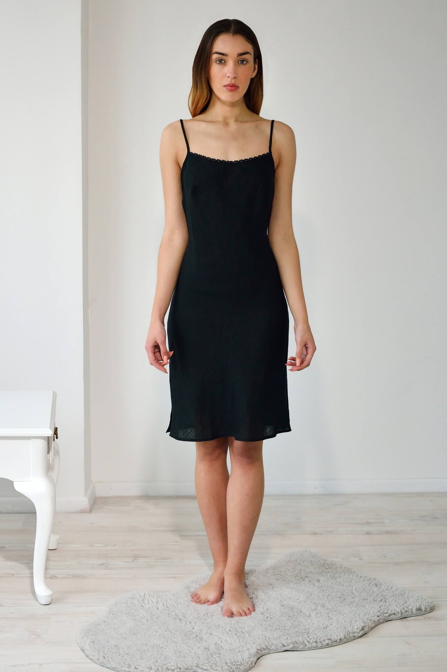 Linen Black Night Gown GABIJA/ Linen Slip with Lace and cut in Bias