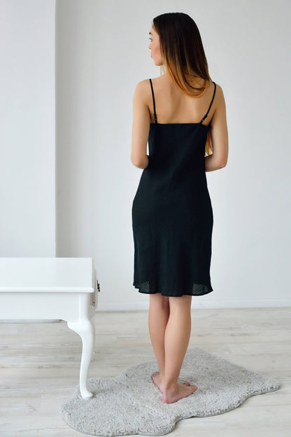 Linen Black Night Gown GABIJA/ Linen Slip with Lace and cut in Bias