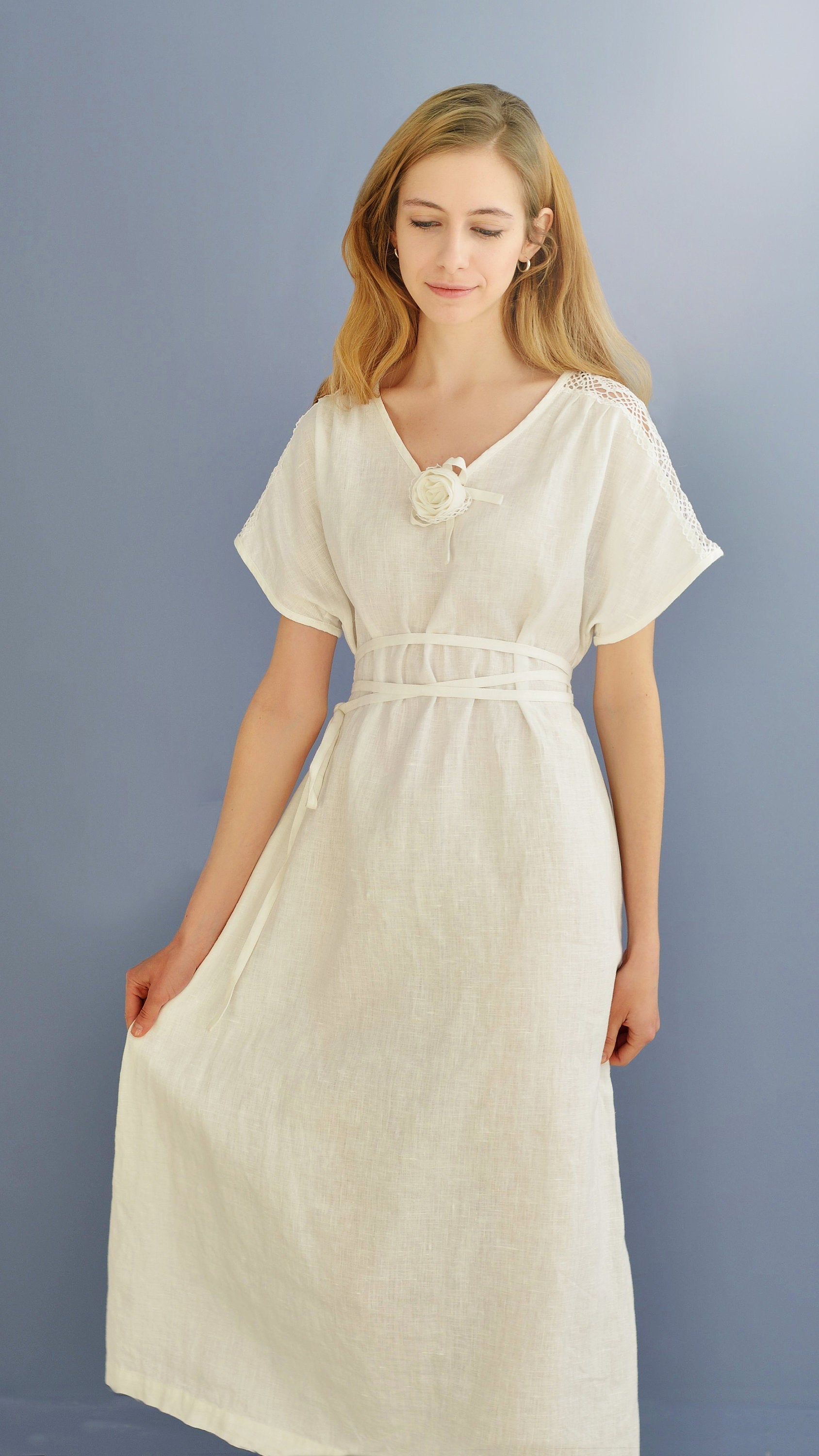 Linen Long Dress AMELIA with Lace at Shoulder Line – LGlinen