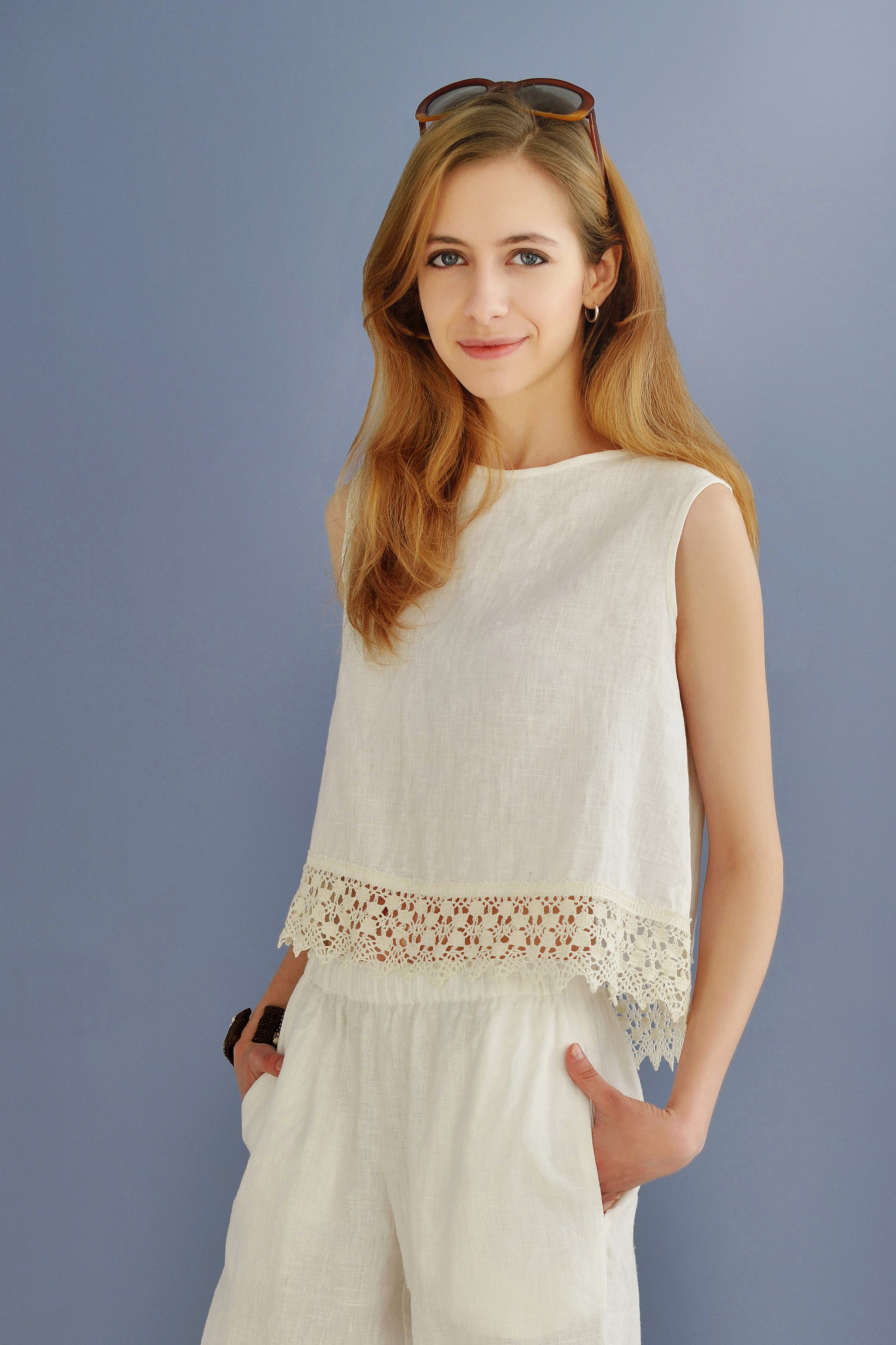 Linen Top SERENA With Beautiful Pure Linen Lace Decor