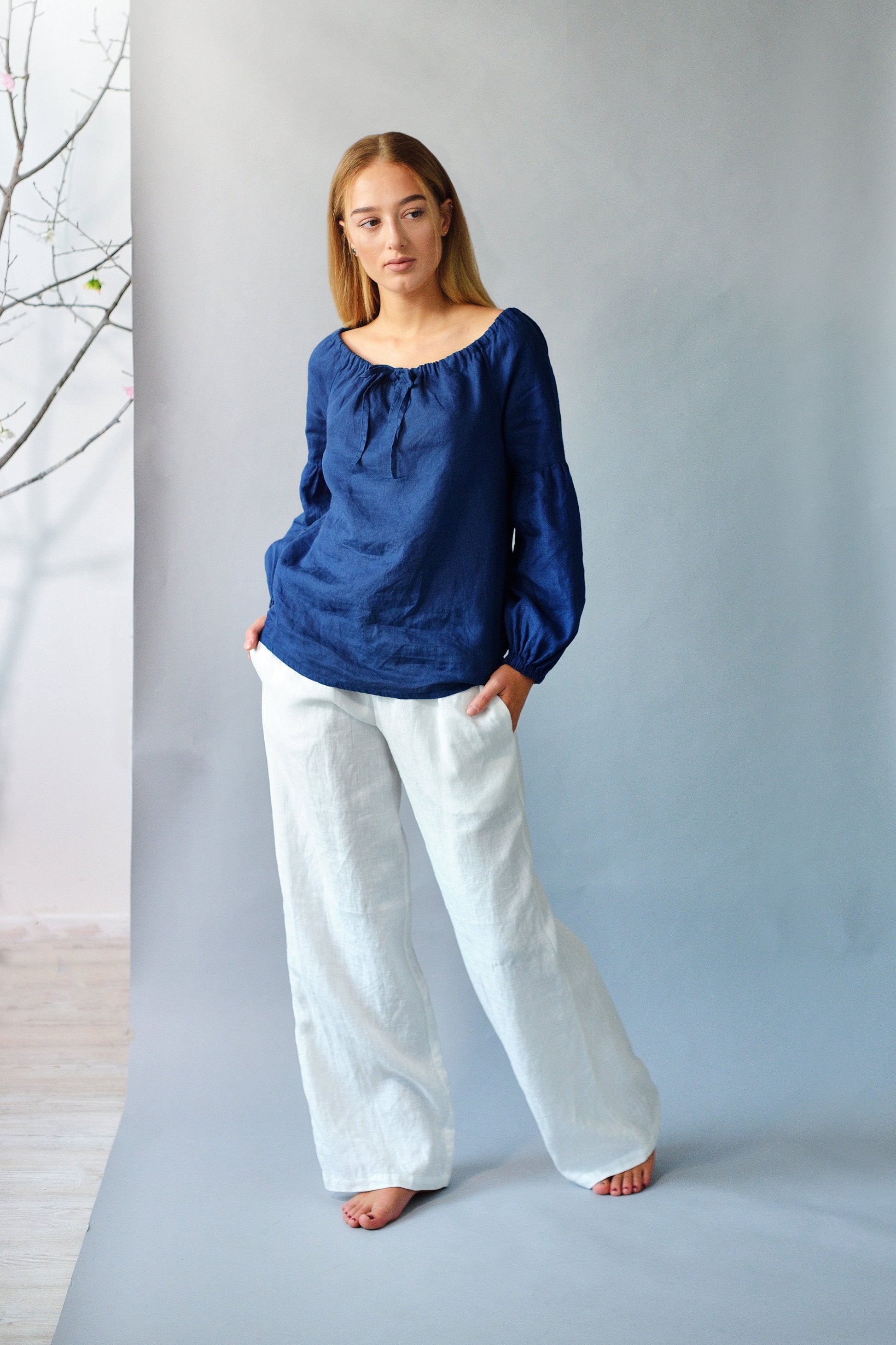 Linen Blouse PEASANT with long sleeves