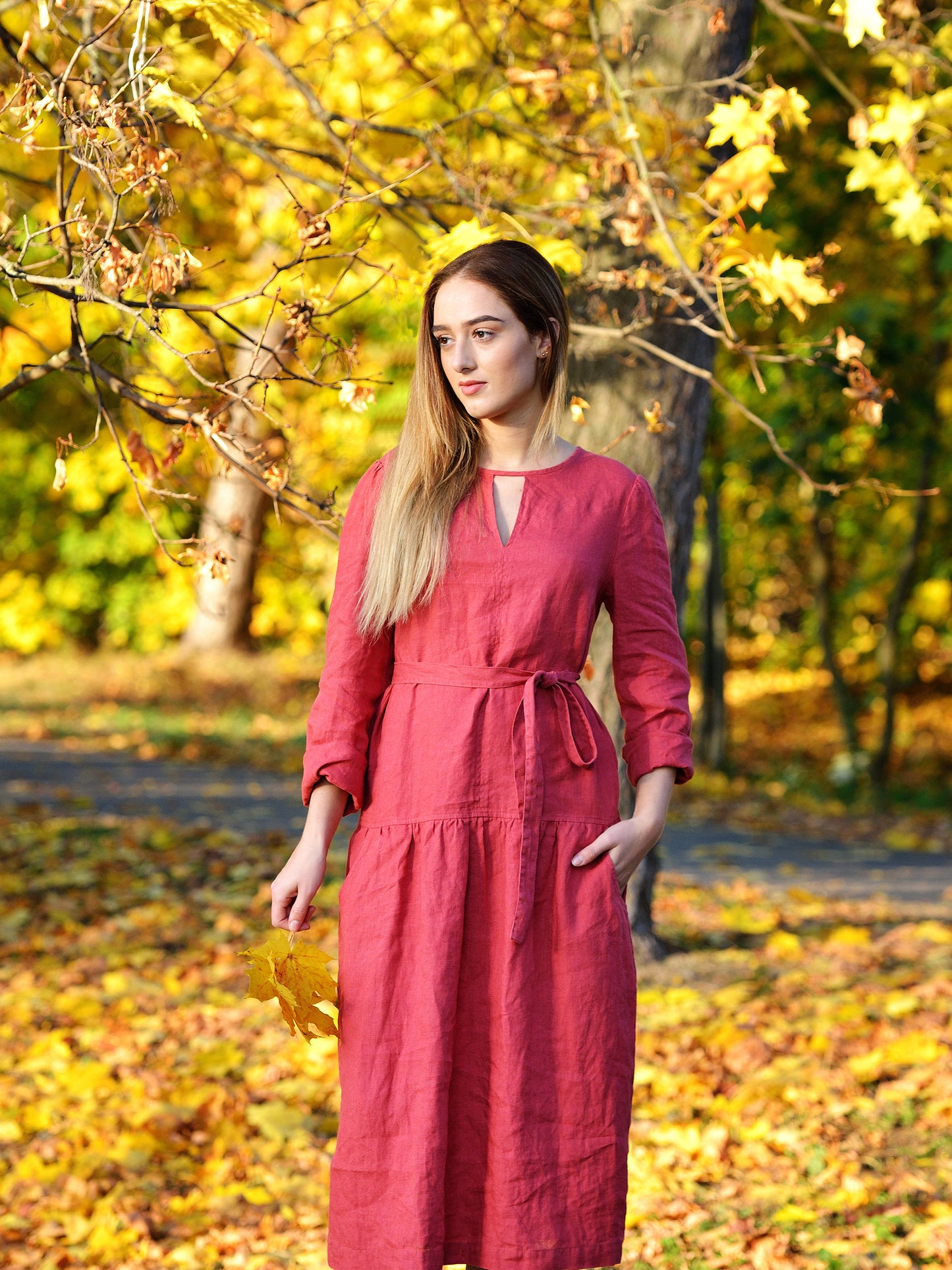 Linen Maxi Dress EMMA Longsleeve dress With Dropped Waist