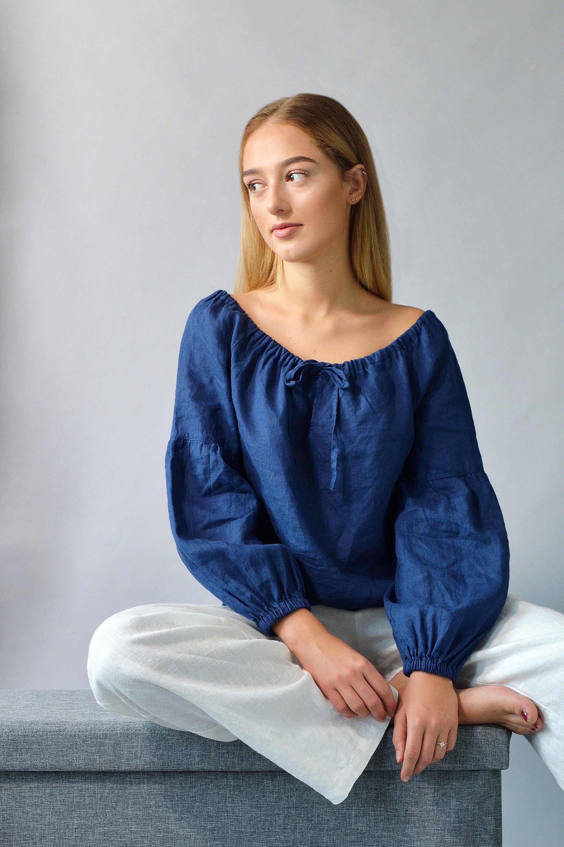 Linen Blouse PEASANT with long sleeves