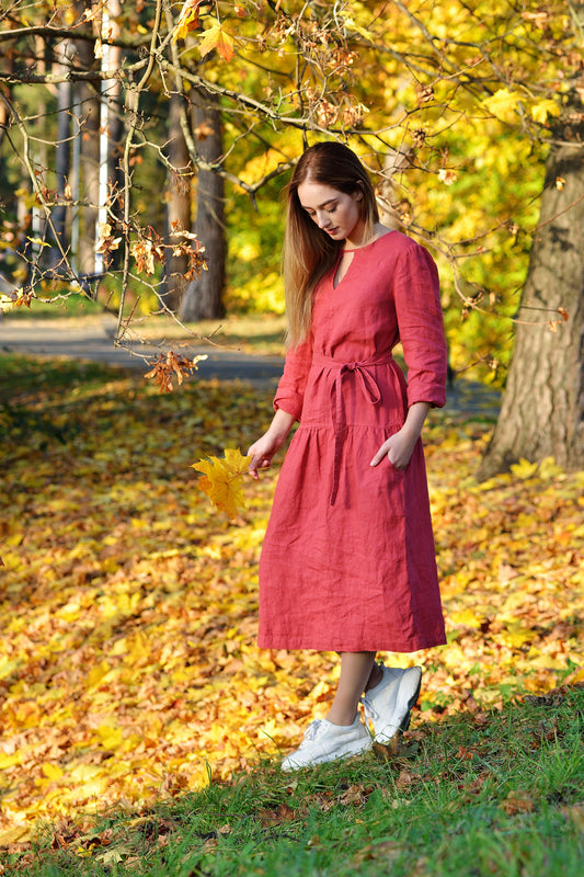 Linen Maxi Dress EMMA Longsleeve dress With Dropped Waist