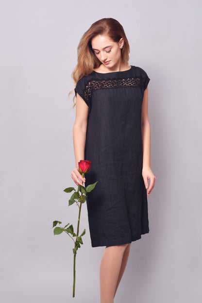 Linen Midi Dress HOPE with Linen Lace in Black