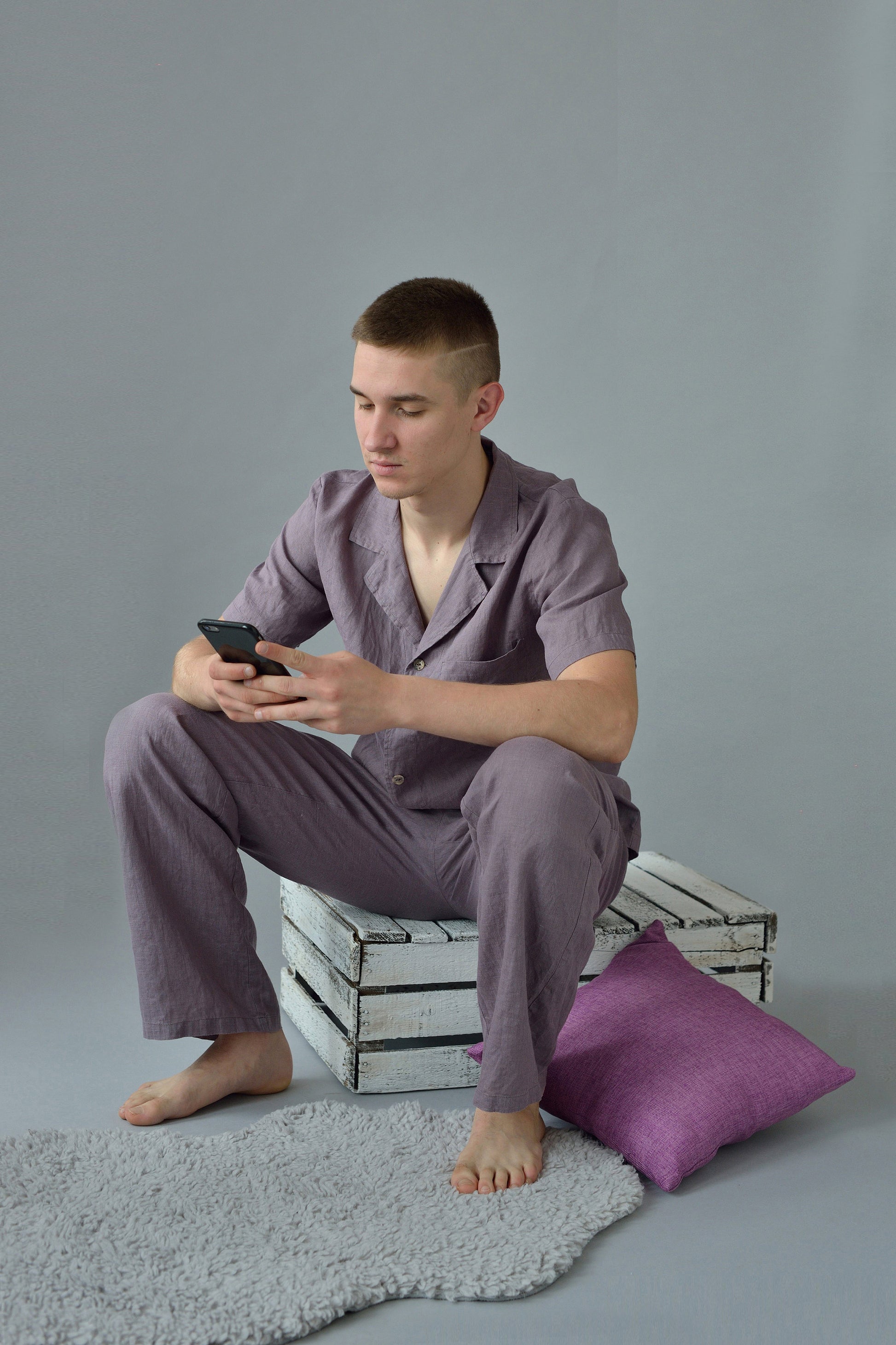 Linen Men's Summer Pajama /Short Sleeve Top and Long Pants