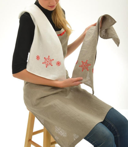 Linen Full Apron SNOWFLAKE with Handmade Embroidery