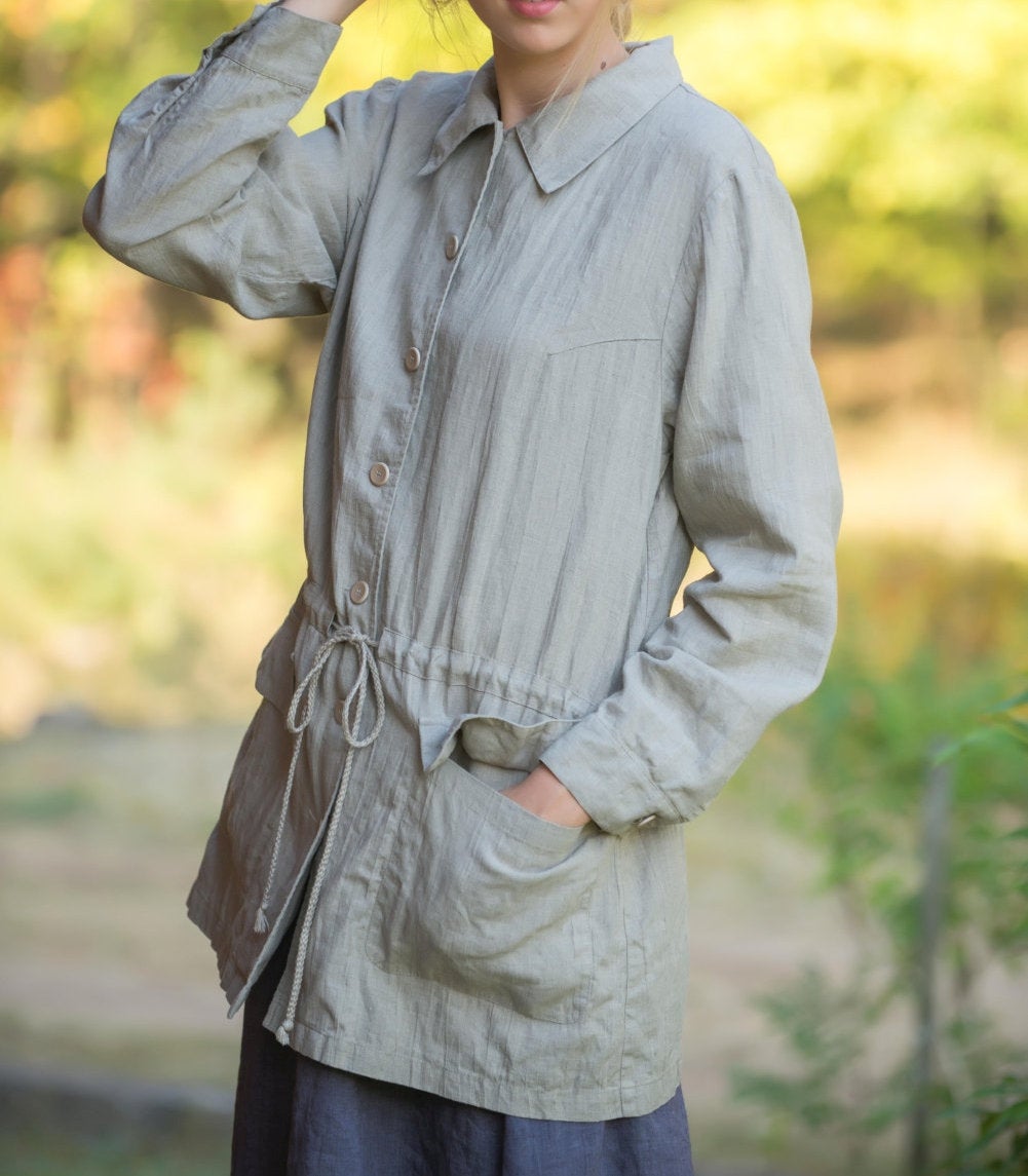 Pure Linen Oversize Jacket with Drawstringed Waist