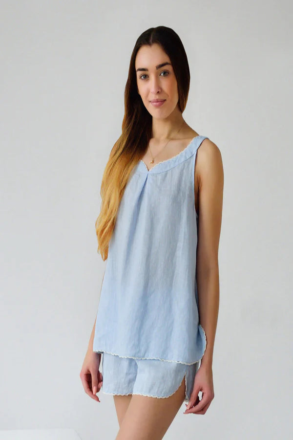 Linen Blue Pajama Top ROSIE with Lace