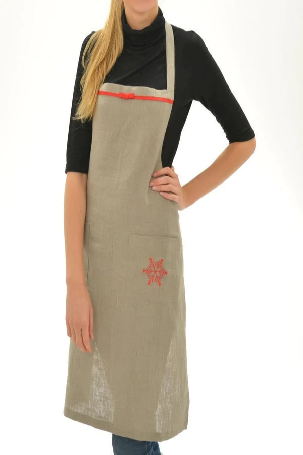 Linen Full Apron SNOWFLAKE with Handmade Embroidery