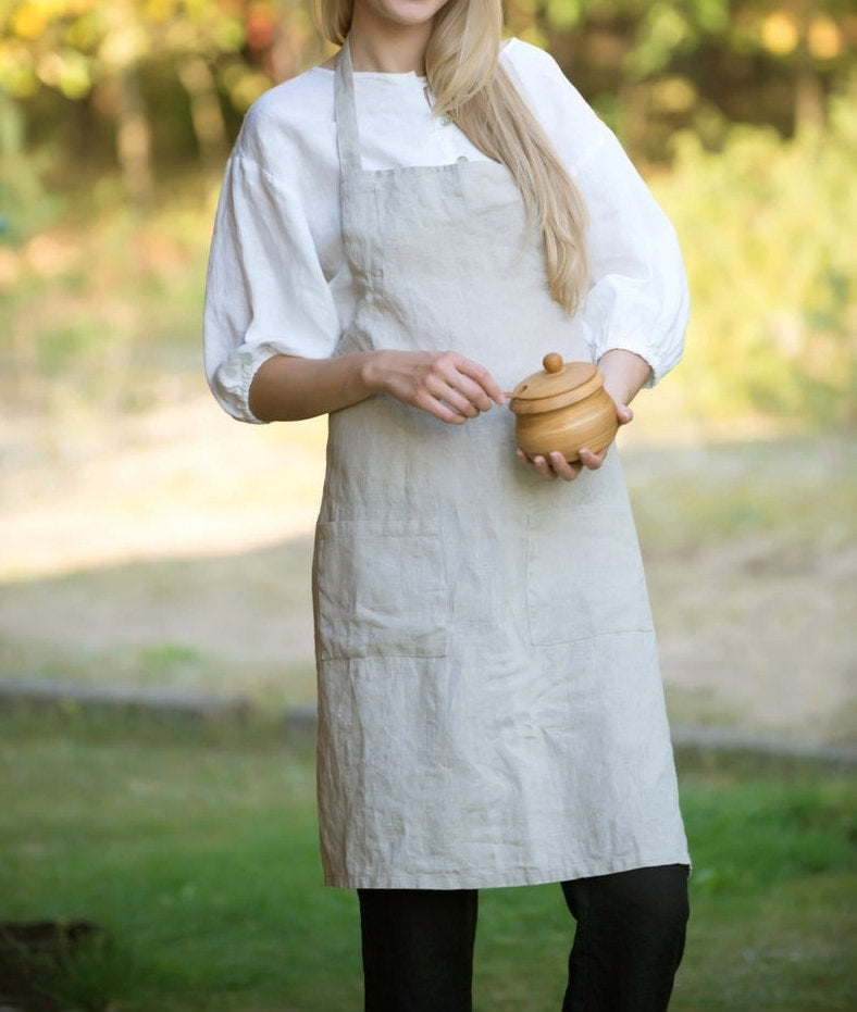 Linen Full Apron With Adjustable Straps/ Unisex Natural Apron