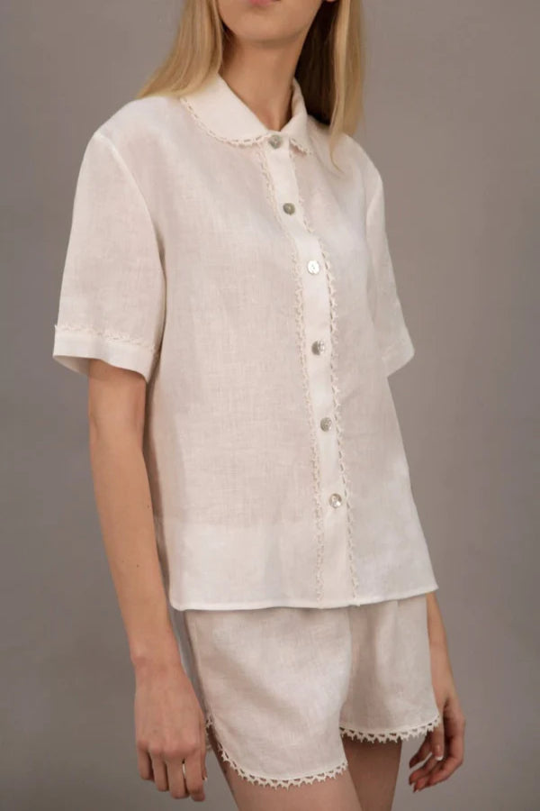 Linen White Pajama Shirt NINA LACED with Short Sleeves