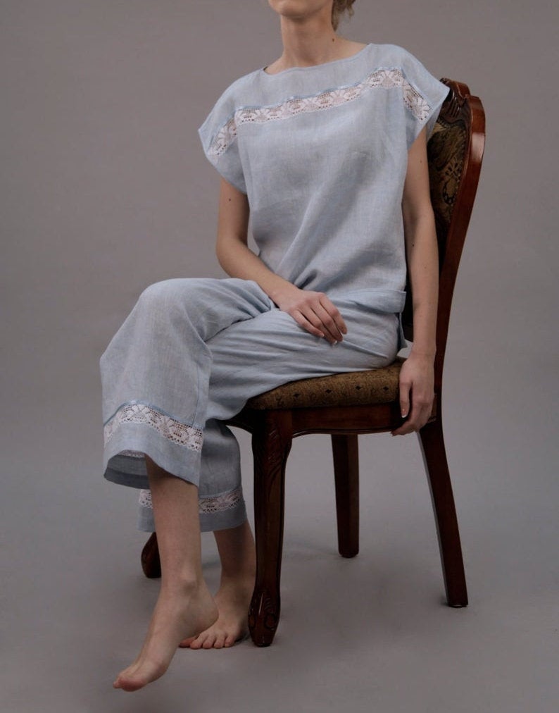Linen Cropped Pajama Trouser CHARLOTTE with Lace Decor