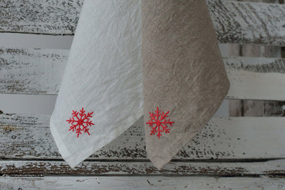 Linen Towel with Handmade Snowflakes Embroidery/ Linen Kitchen Towel Christmas Gift/ Vintage Christmas Linen/ Linen Gift Luxury
