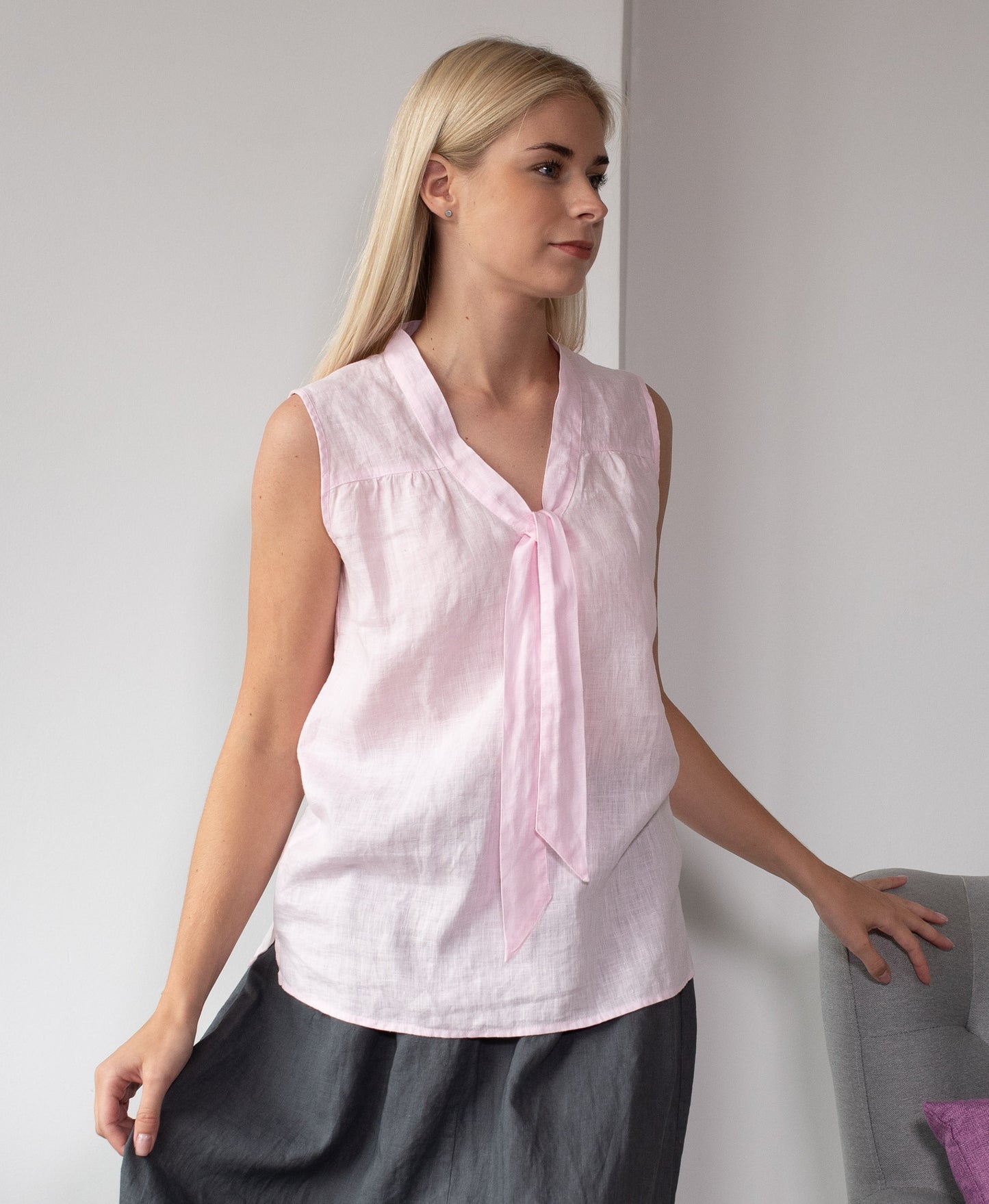 Linen Blouse JULIA Sleeveless With Front Bow