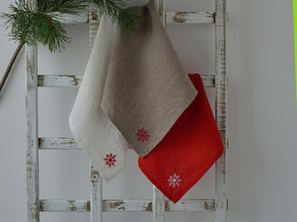 Linen Towel with Handmade Snowflakes Embroidery/ Linen Kitchen Towel Christmas Gift/ Vintage Christmas Linen/ Linen Gift Luxury