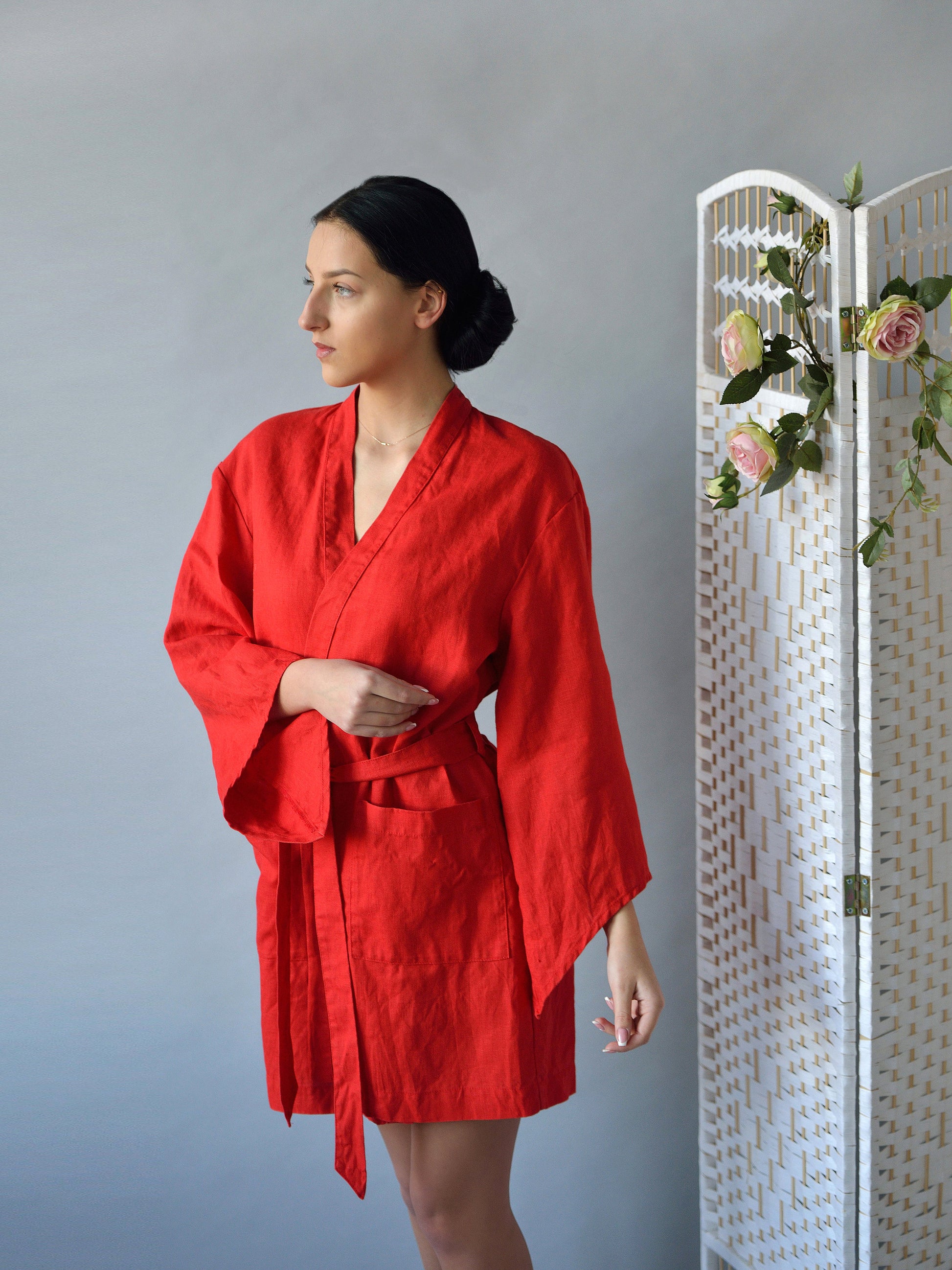 Linen Bath Robe Short Long-sleeved JAPANESE in Red