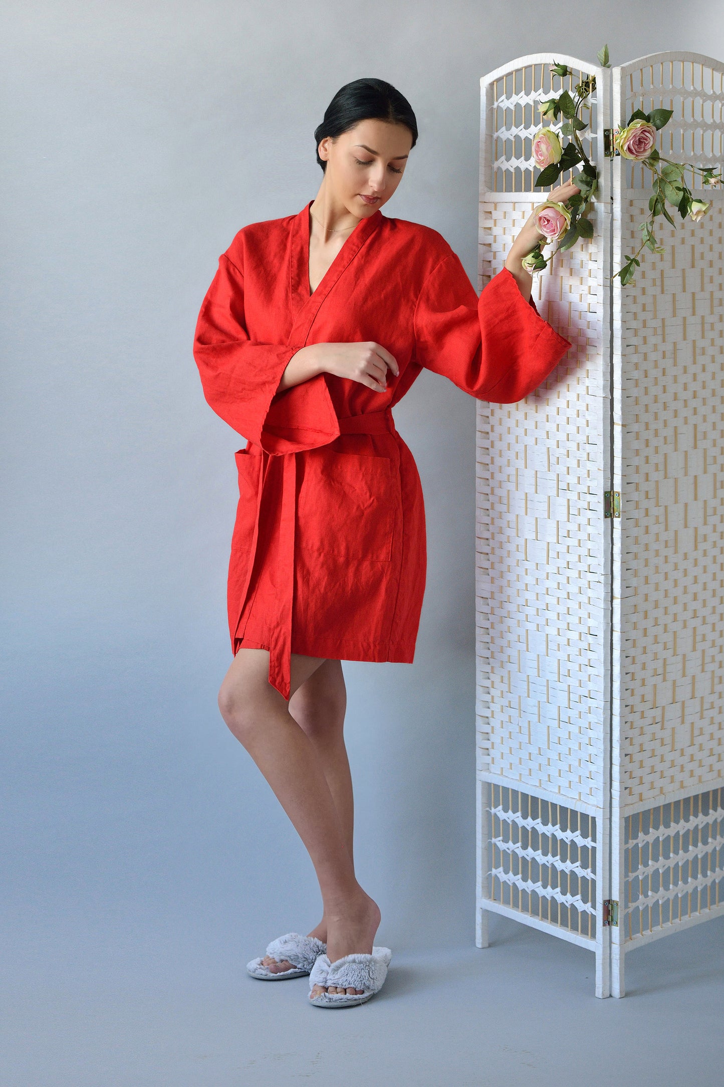 Linen Bath Robe Short Longsleeve JAPANESE in Red