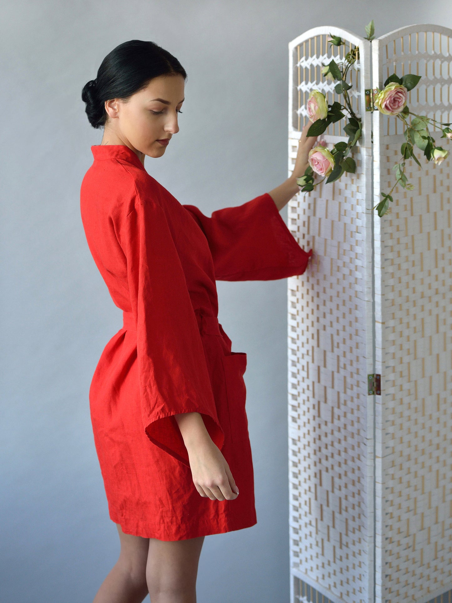 Linen Bath Robe Short Longsleeve JAPANESE in Red