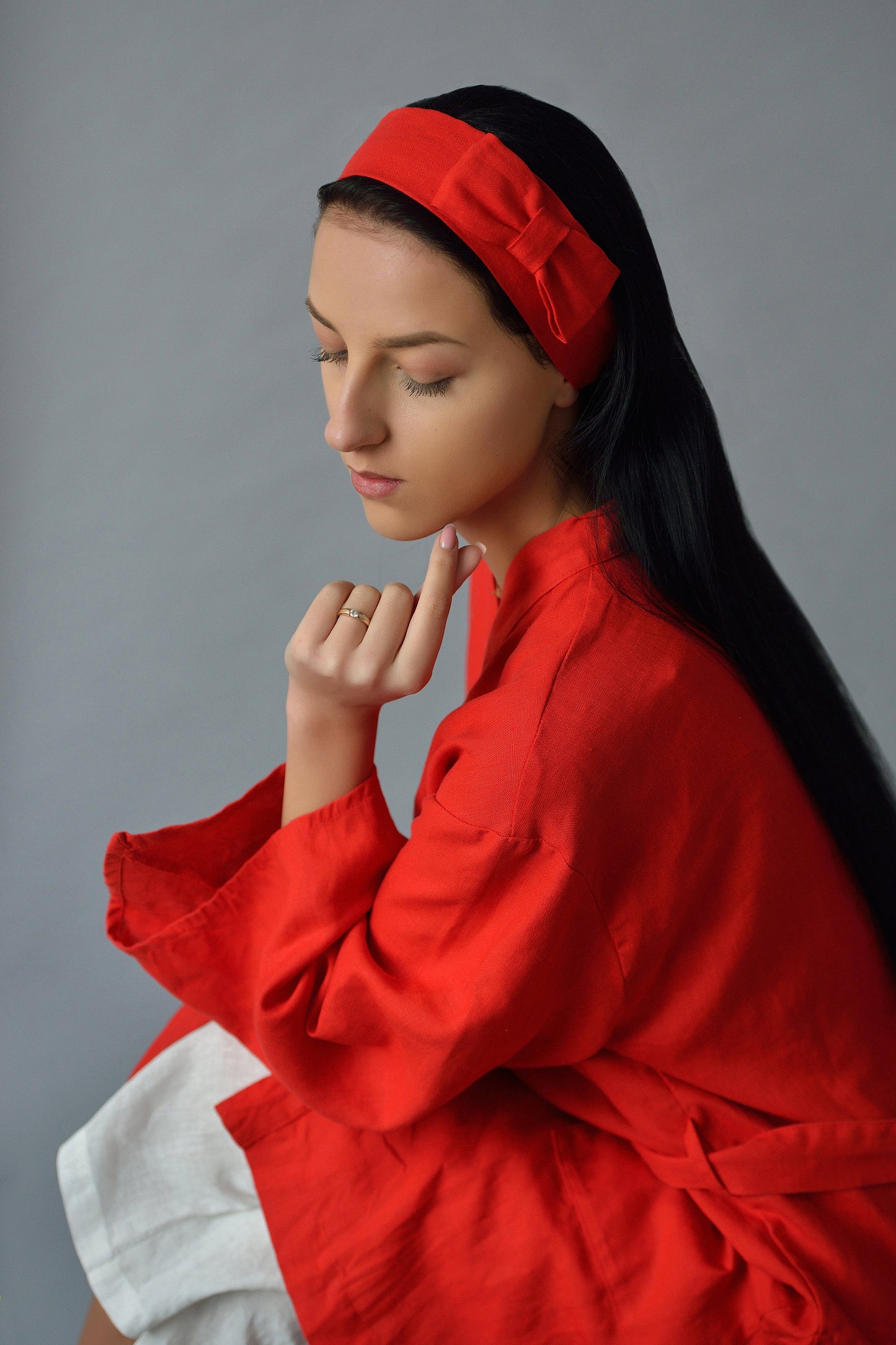 Linen Bath Robe Short Longsleeve JAPANESE in Red