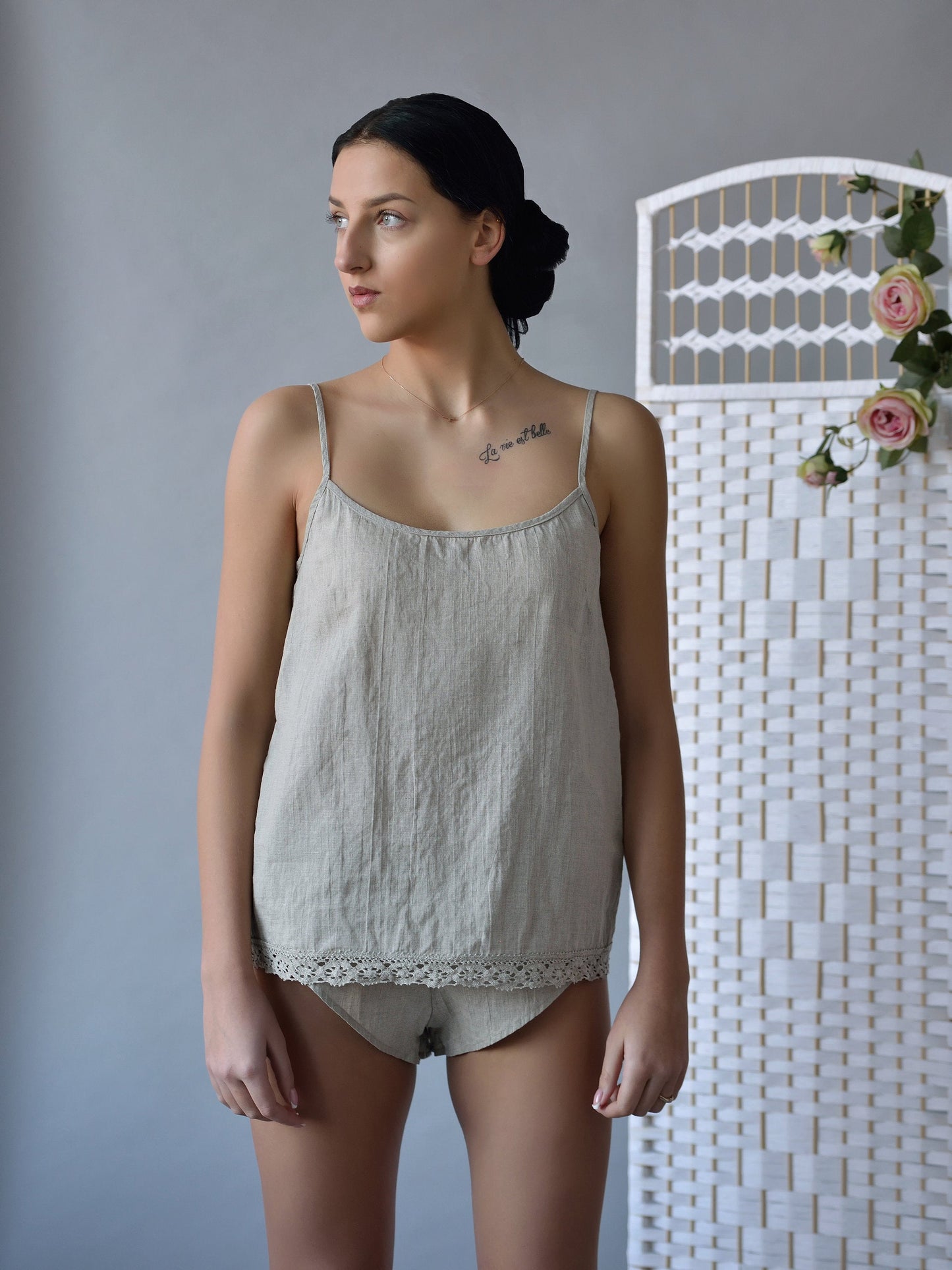 Linen Organic Cami ISABELLA Laced Bottom