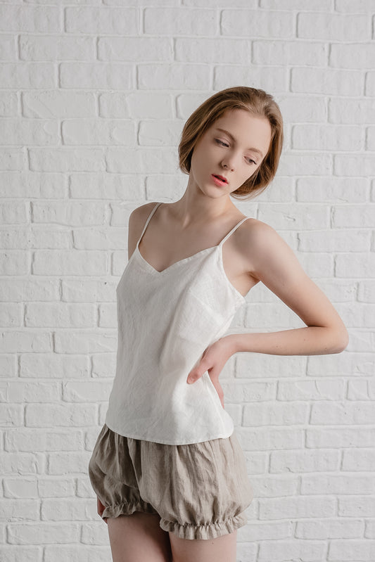 Salvador Two Piece Set - Linen Look Sleeveless Crop Top and High Waisted  Tailored Shorts in Oatmeal