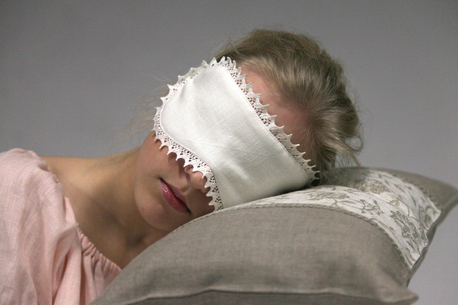 Linen White Sleep Eye Mask Laced/ Luxury Sleeping Eyewear For Her