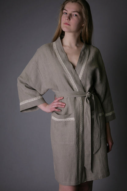 Linen Bath Robe Natural GENOVA Decorated with Delicate Lace