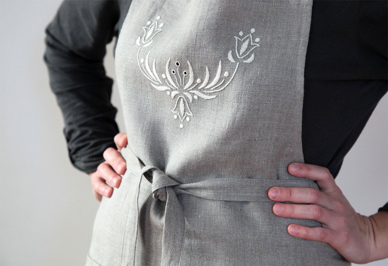 Linen Organic Apron with Wonderfull Handembroidery/ Full Apron Linen for Her