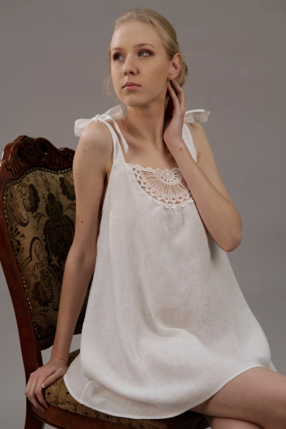Linen Short Night Gown SUNNY with Crochet Front